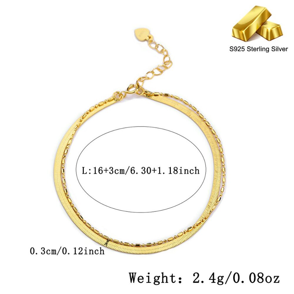 Layered 2 Strand real gold over 925 Sterling silver Bracelet flat herring bone